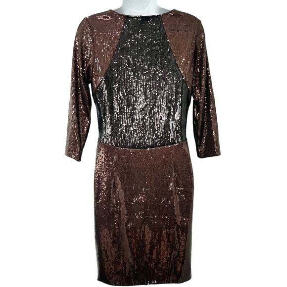 Jay Godfrey Chocolate Brown Black Colorblock Half Sleeve Sequin Mini Dress sz 8 - Picture 8 of 10